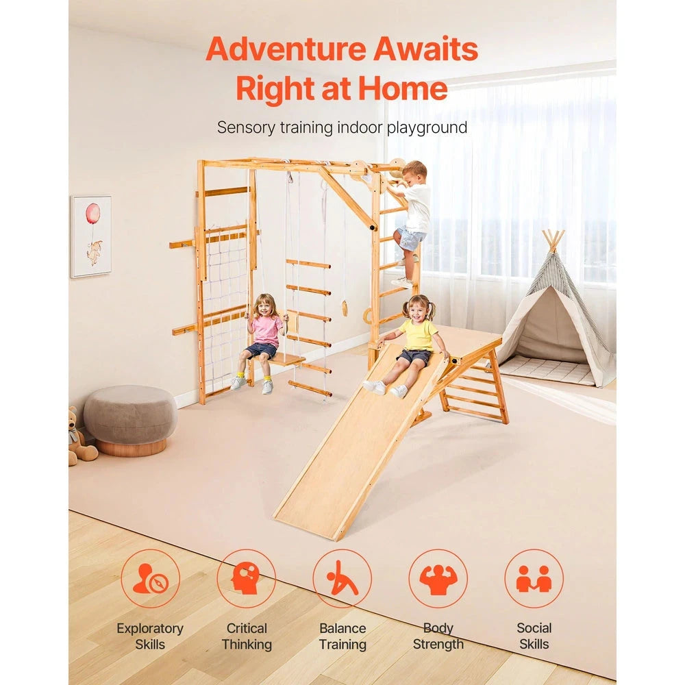 8-in-1 Wooden Montessori Jungle Gym – Indoor Climber with Slide & Swing
