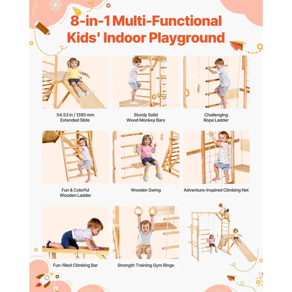 8-in-1 Wooden Montessori Jungle Gym – Indoor Climber with Slide & Swing