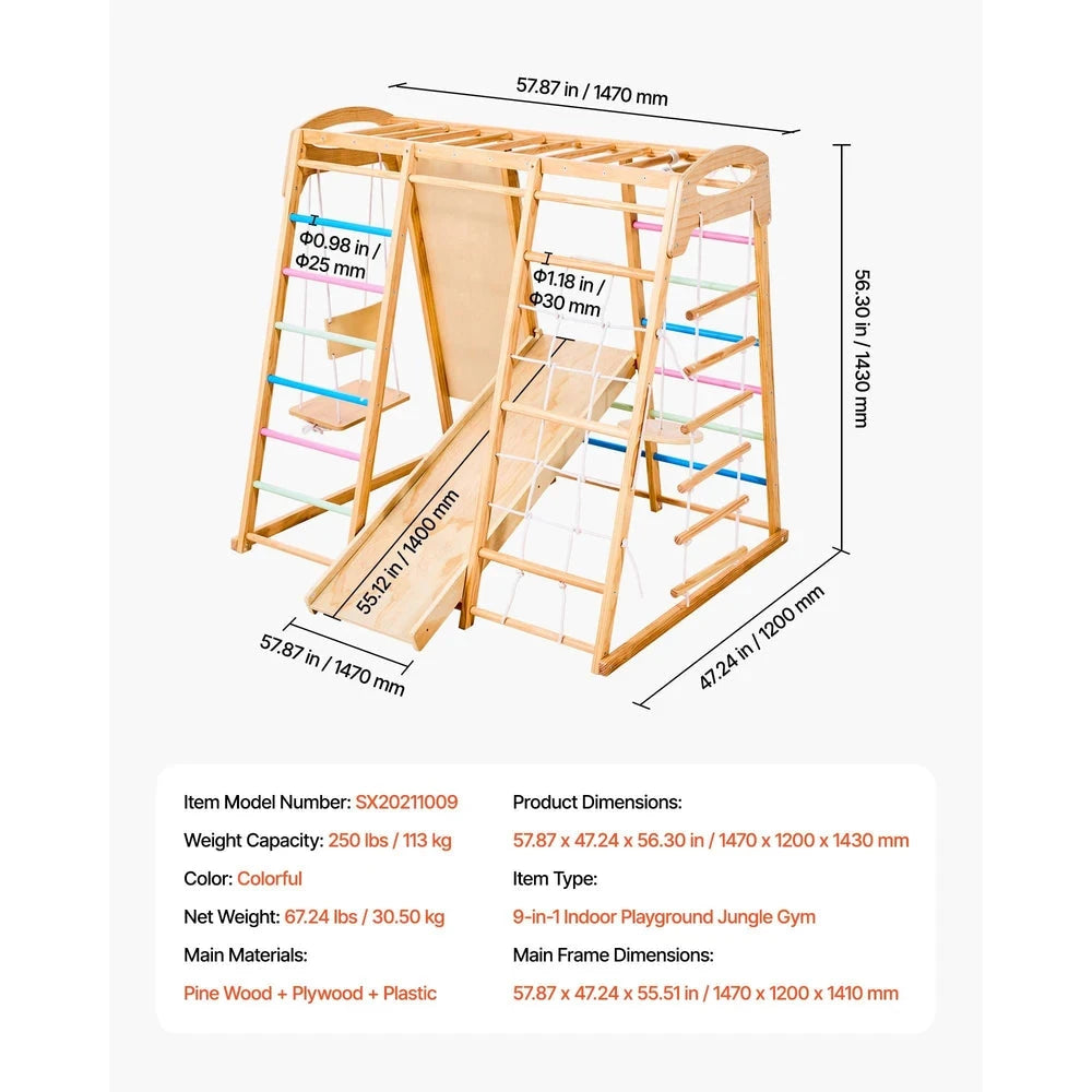 9-in-1 Wooden Montessori Jungle Gym – Indoor Climber with Monkey Bars & Slide