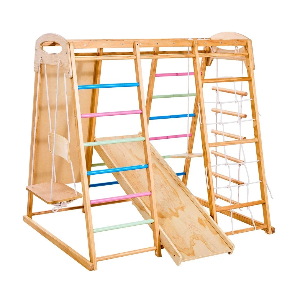 9-in-1 Wooden Montessori Jungle Gym – Indoor Climber with Monkey Bars & Slide