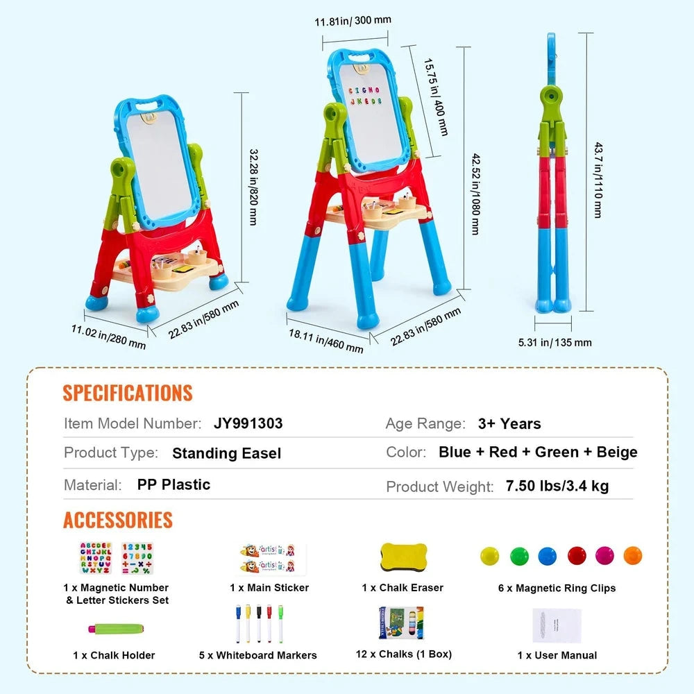 2-in-1 Double-Sided Art Easel – Adjustable Kids Easel with Chalkboard & Whiteboard