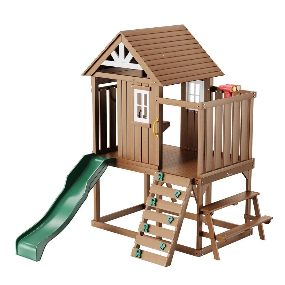 Wooden Modern Playhouse – Cedar Outdoor Playhouse with Slide & Climbing Wall