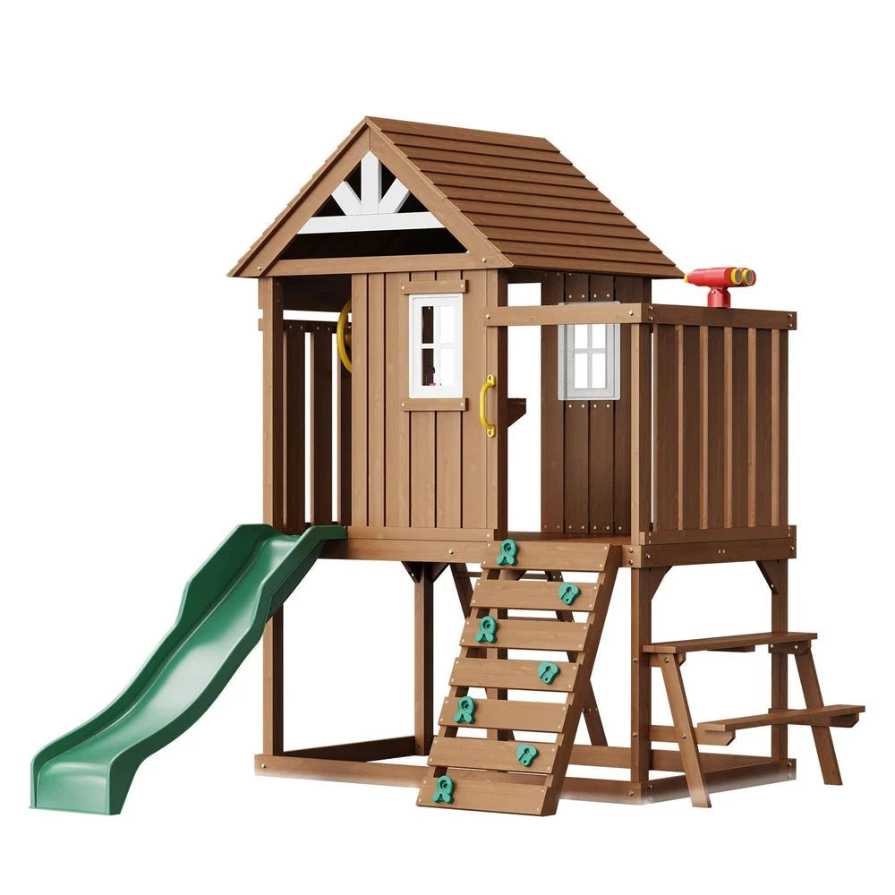 Wooden Modern Playhouse – Cedar Outdoor Playhouse with Slide & Climbing Wall