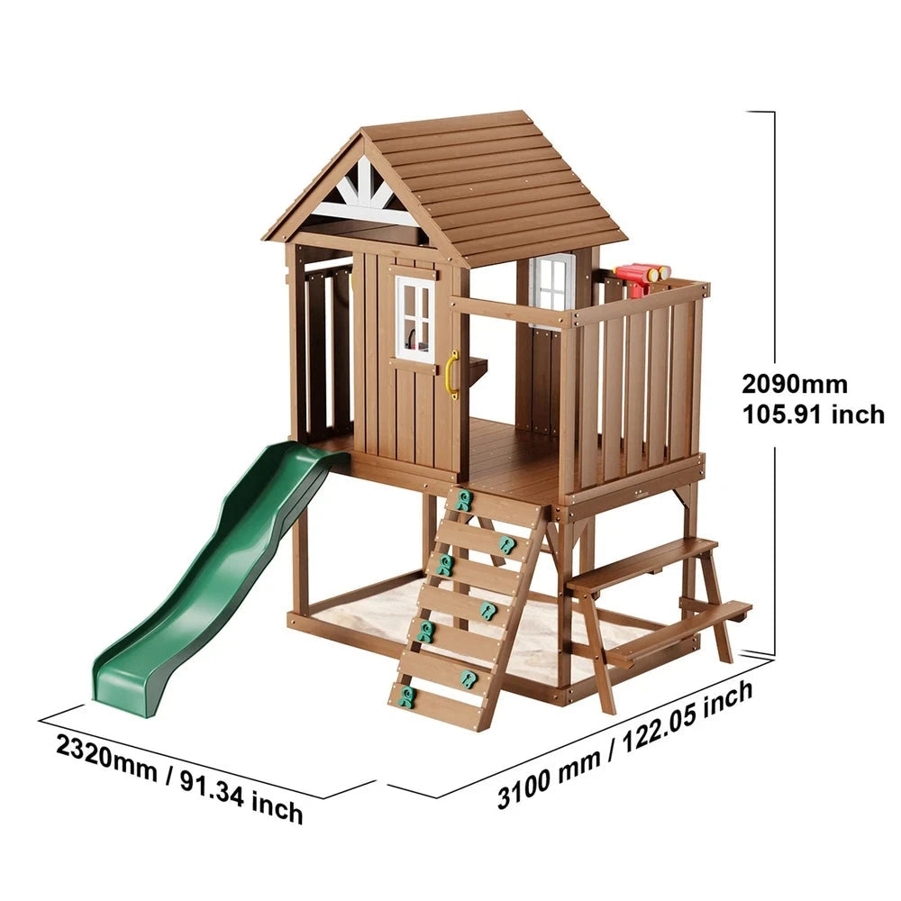 Wooden Modern Playhouse – Cedar Outdoor Playhouse with Slide & Climbing Wall