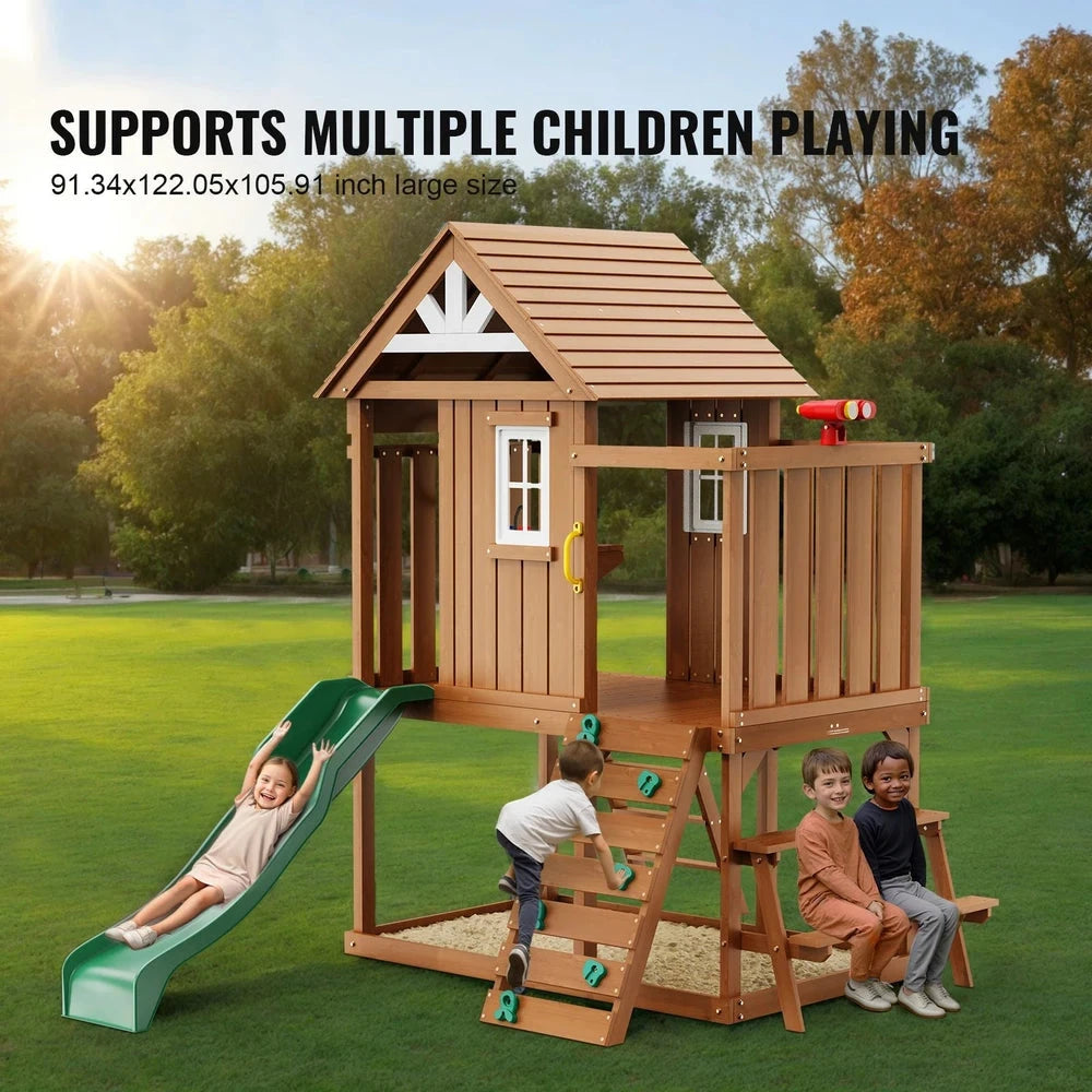 Wooden Modern Playhouse – Cedar Outdoor Playhouse with Slide & Climbing Wall