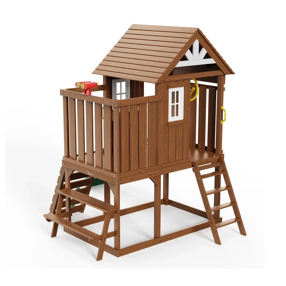Wooden Modern Playhouse – Cedar Outdoor Playhouse with Slide & Climbing Wall