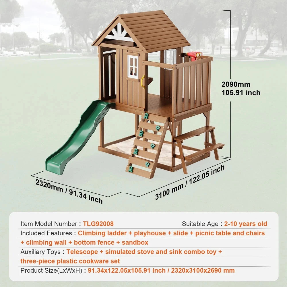 Wooden Modern Playhouse – Cedar Outdoor Playhouse with Slide & Climbing Wall