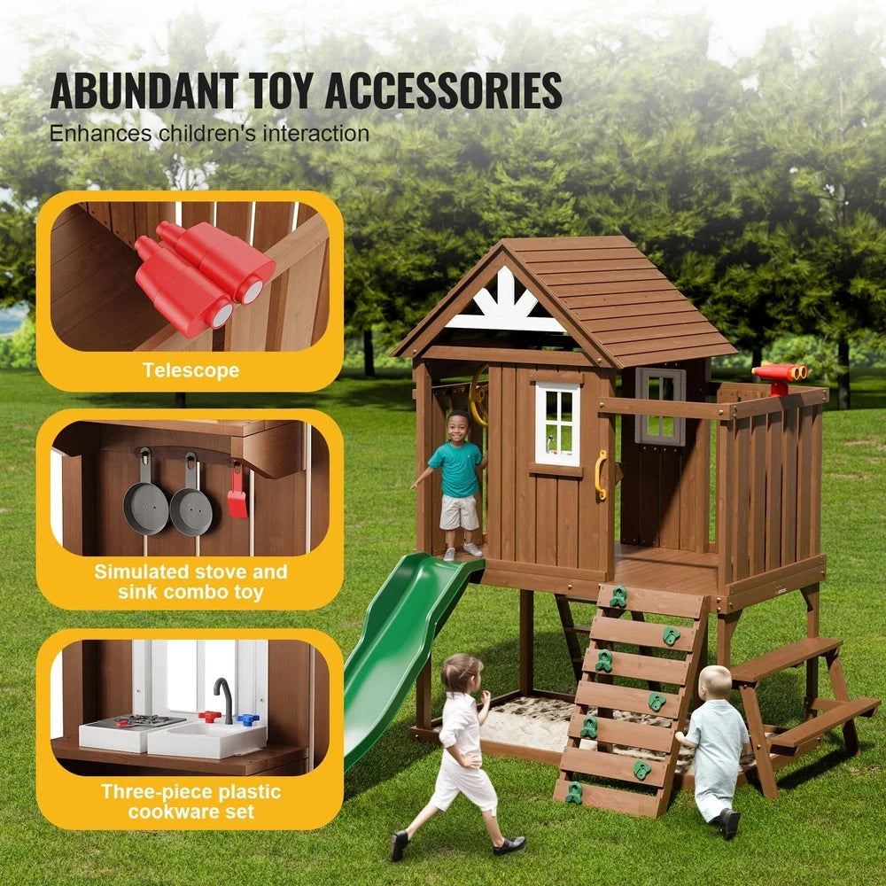 Wooden Modern Playhouse – Cedar Outdoor Playhouse with Slide & Climbing Wall