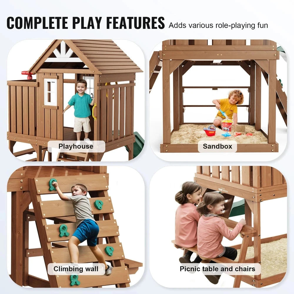 Wooden Modern Playhouse – Cedar Outdoor Playhouse with Slide & Climbing Wall