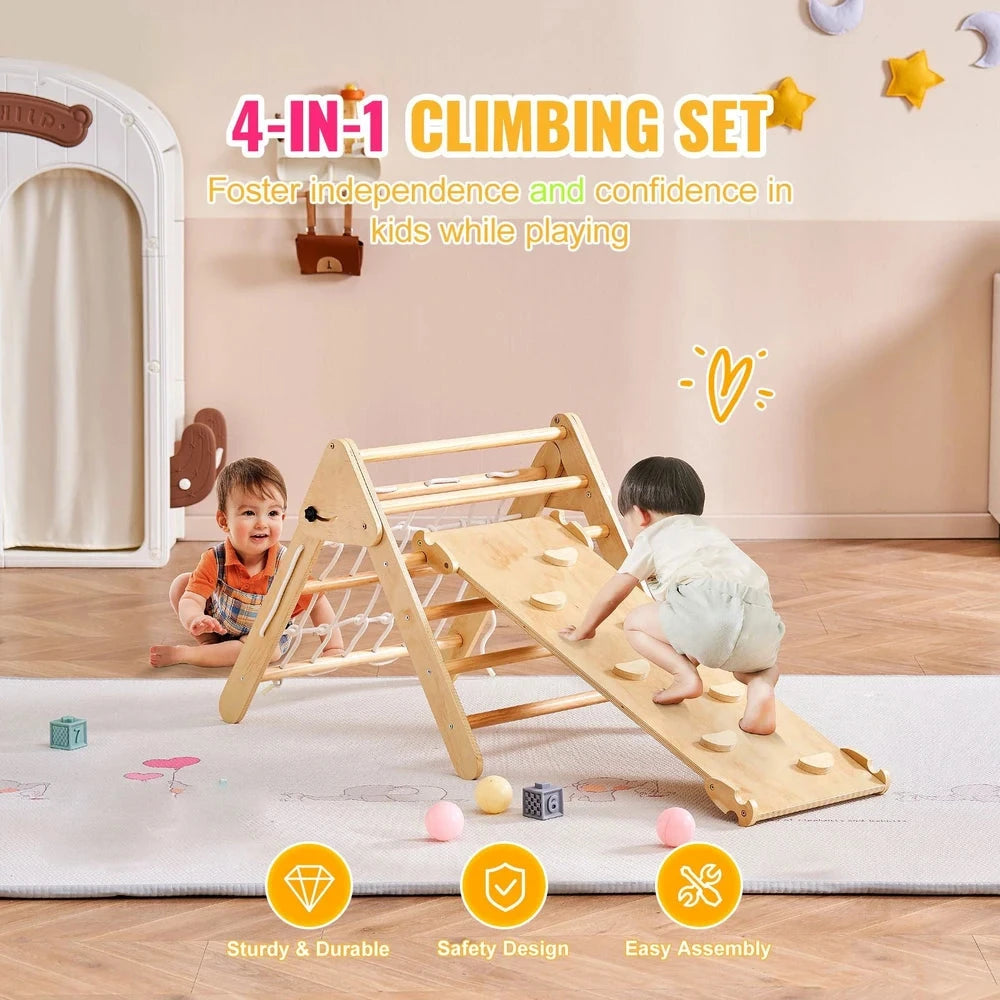 4-in-1 Wooden Montessori Jungle Gym – Foldable Pikler Triangle Climbing Set