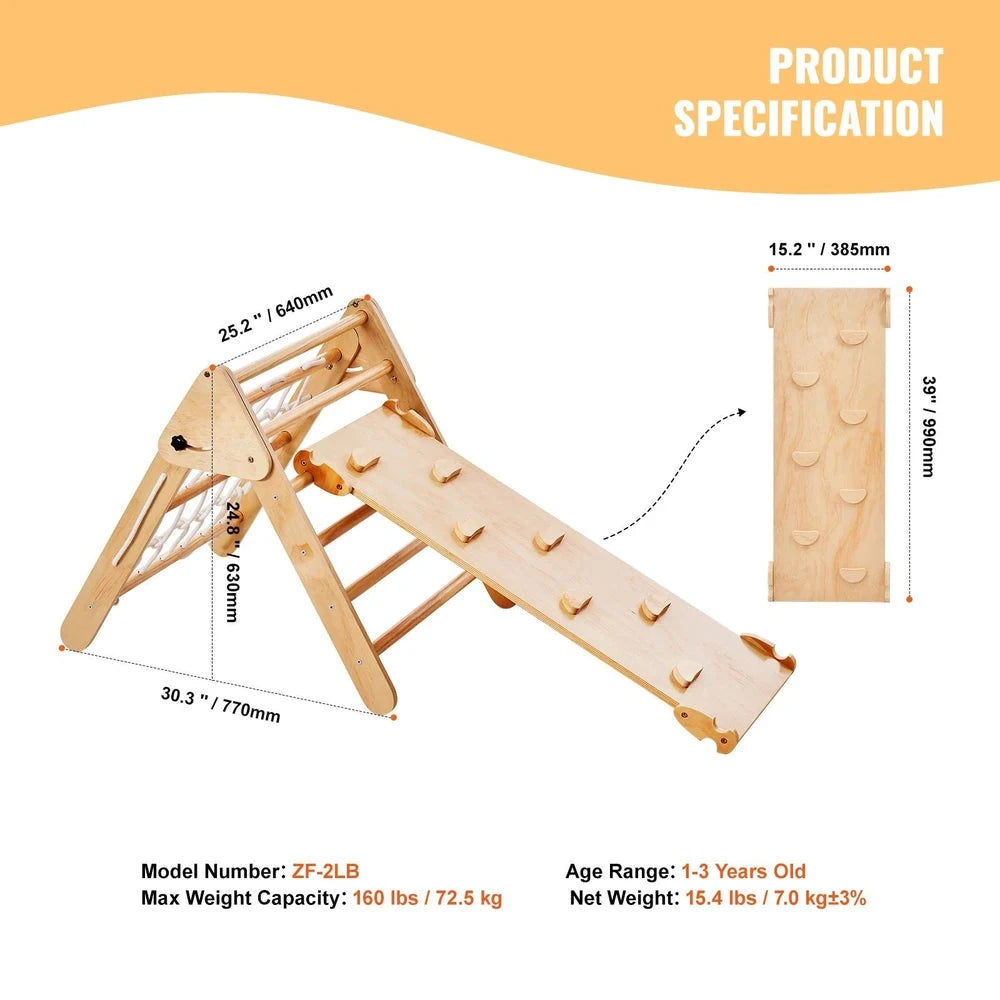 4-in-1 Wooden Montessori Jungle Gym – Foldable Pikler Triangle Climbing Set