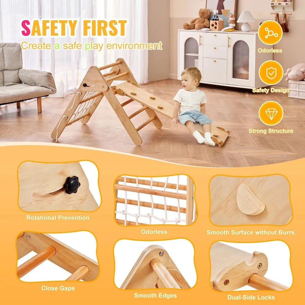 4-in-1 Wooden Montessori Jungle Gym – Foldable Pikler Triangle Climbing Set
