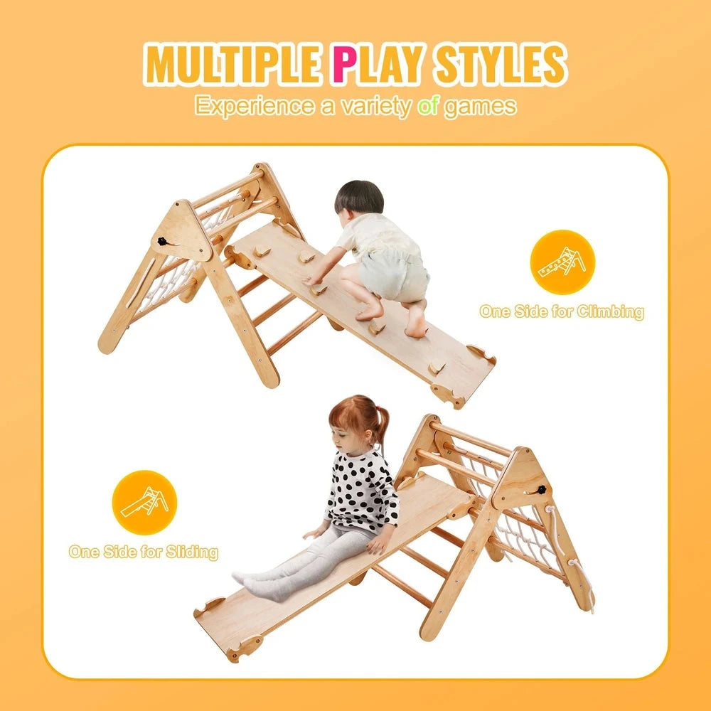 4-in-1 Wooden Montessori Jungle Gym – Foldable Pikler Triangle Climbing Set