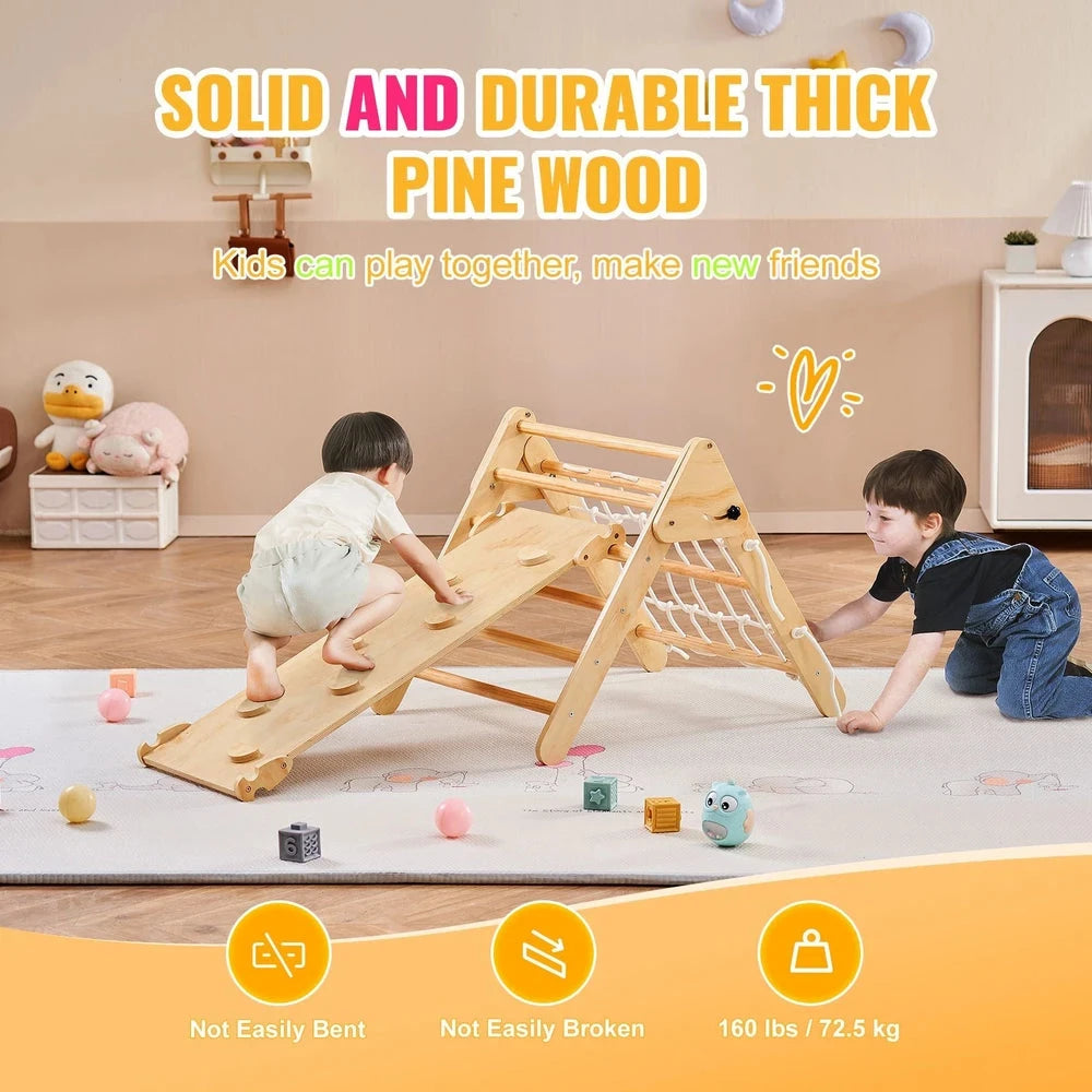 4-in-1 Wooden Montessori Jungle Gym – Foldable Pikler Triangle Climbing Set