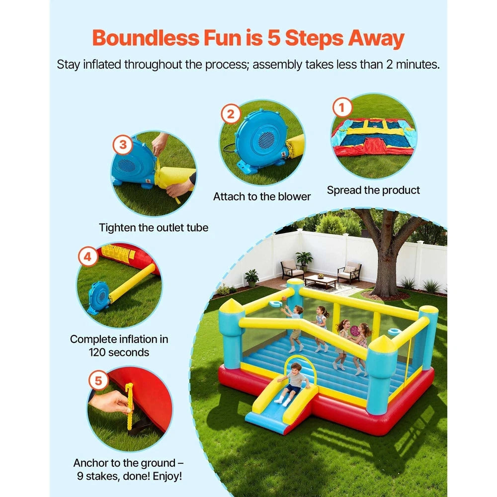 Inflatable Bounce House – Backyard Bouncer with Slide & Basketball Hoop