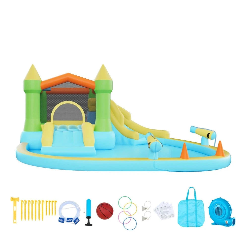 Inflatable Water Park Bounce House – Water Slide with Splash Pool & Basketball Hoop (12x13x6)