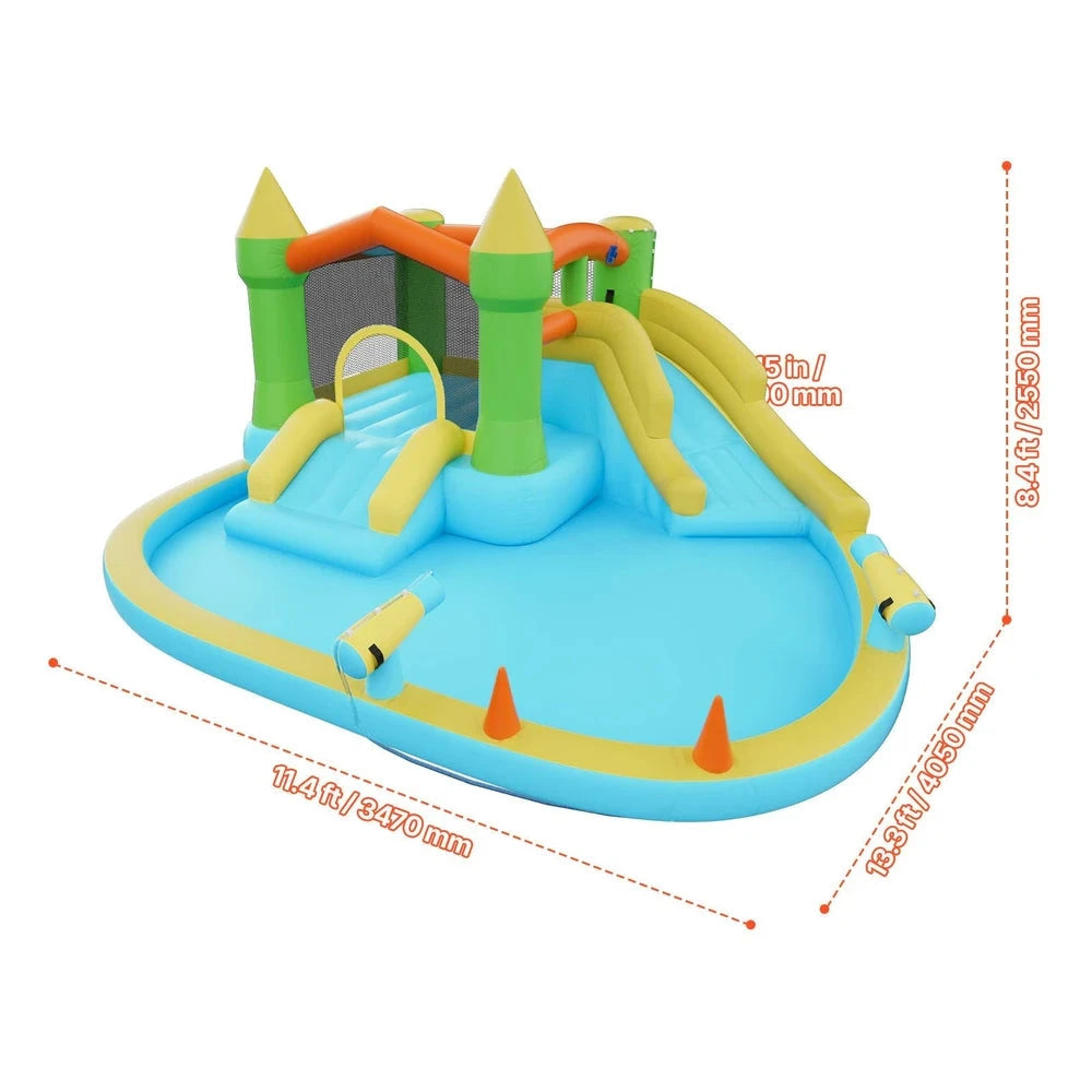 Inflatable Water Park Bounce House – Water Slide with Splash Pool & Basketball Hoop (12x13x6)