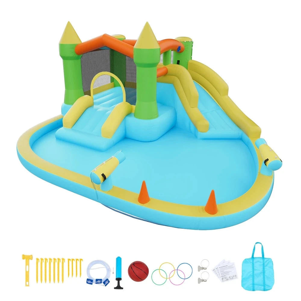 Inflatable Water Park Bounce House – Water Slide with Splash Pool & Basketball Hoop (12x13x6)