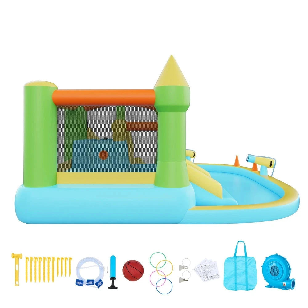 Inflatable Water Park Bounce House – Water Slide with Splash Pool & Basketball Hoop (12x13x6)