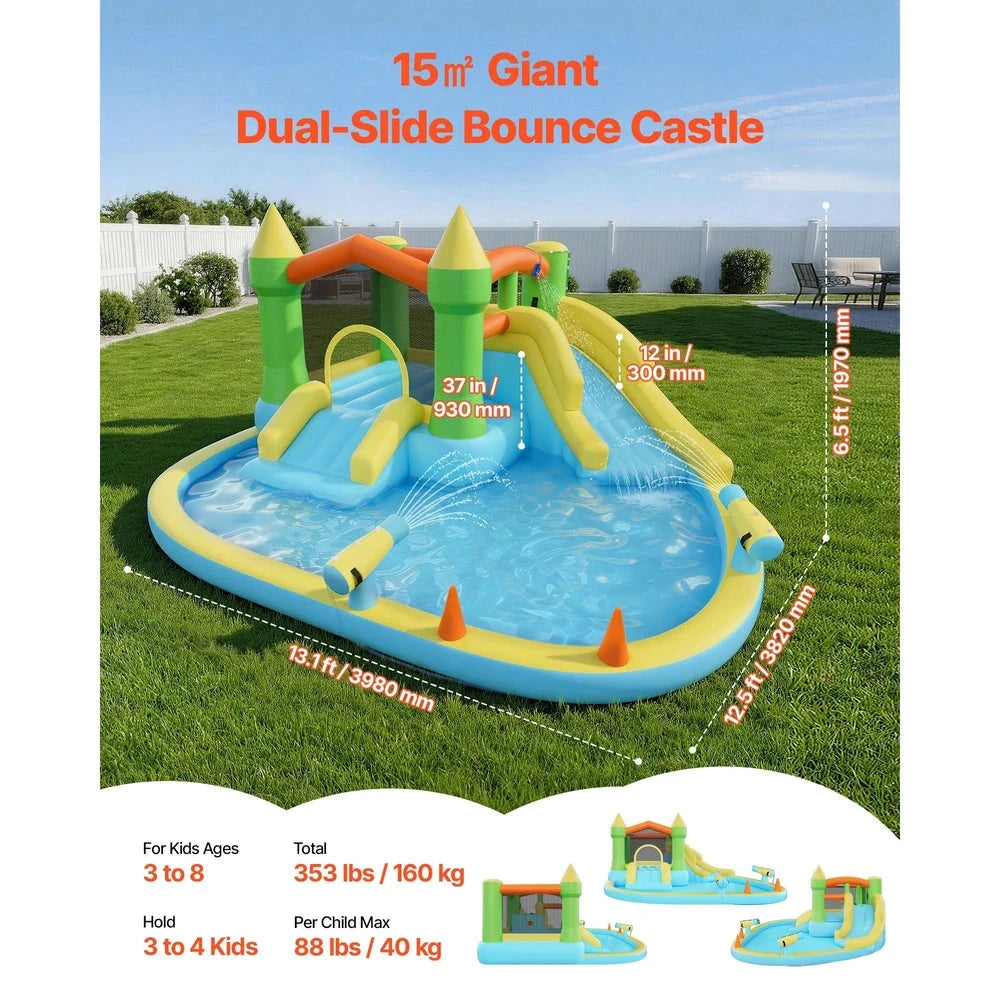 Inflatable Water Park Bounce House – Water Slide with Splash Pool & Basketball Hoop (12x13x6)