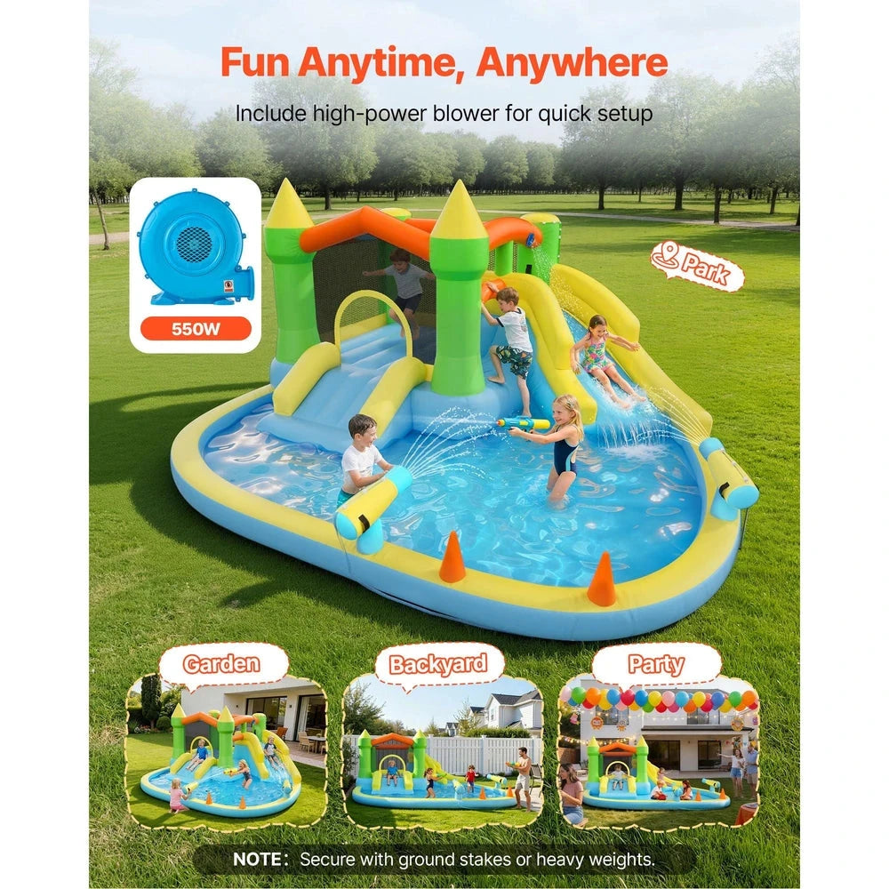 Inflatable Water Park Bounce House – Water Slide with Splash Pool & Basketball Hoop (12x13x6)
