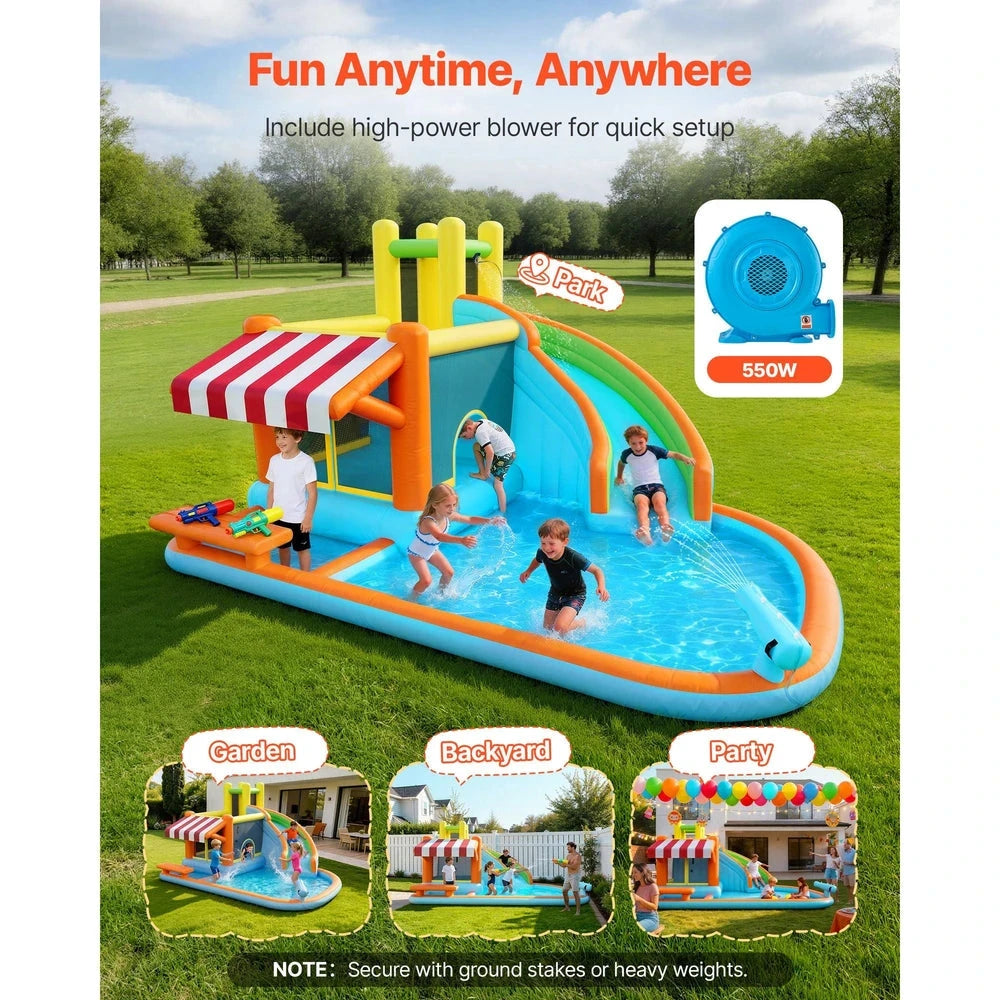 Inflatable Water Park Bounce House – Backyard Water Slide Castle with Splash Pool (15x13x8)