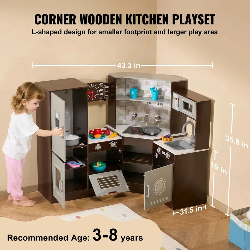 Wooden Corner Kitchen Playset – Pretend Play Kitchen with Sounds & Accessories