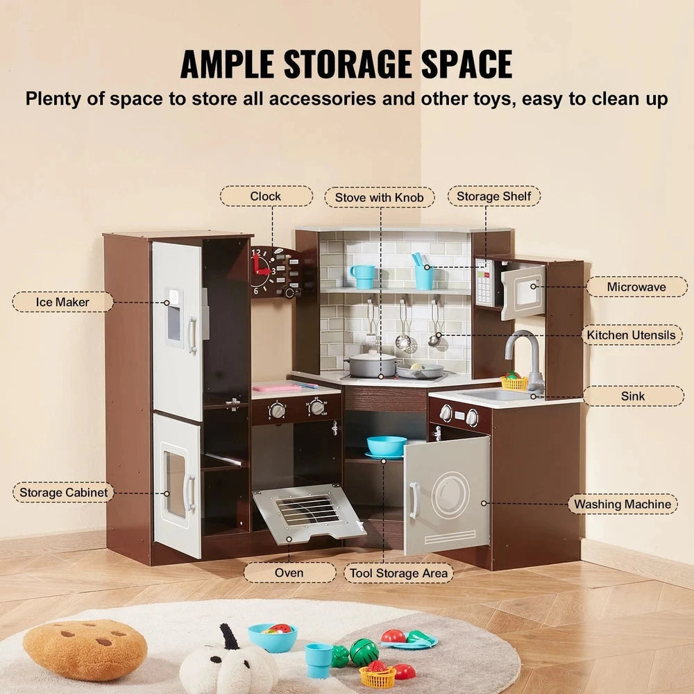 Wooden Corner Kitchen Playset – Pretend Play Kitchen with Sounds & Accessories