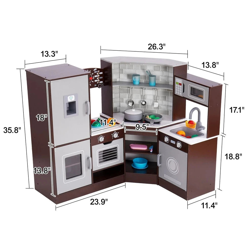 Wooden Corner Kitchen Playset – Pretend Play Kitchen with Sounds & Accessories