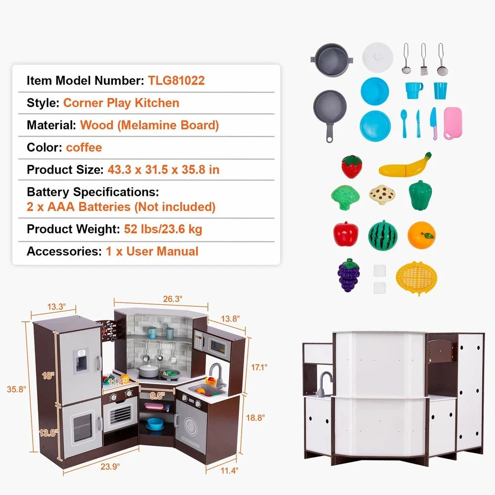 Wooden Corner Kitchen Playset – Pretend Play Kitchen with Sounds & Accessories
