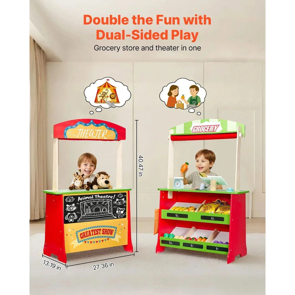 Wooden Reversible Puppet Theater & Market Stand – 2-in-1 Pretend Play Set