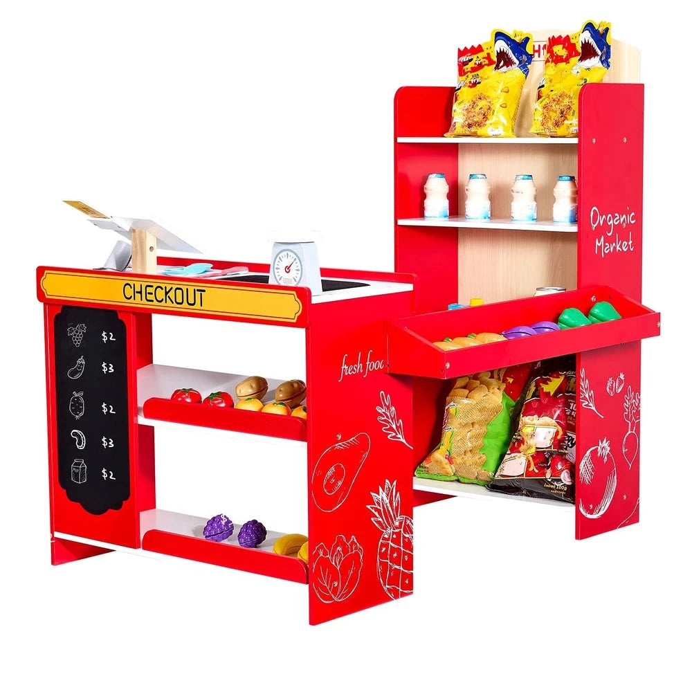 Wooden Kids Grocery Playset – Pretend Market Stand with Play Food