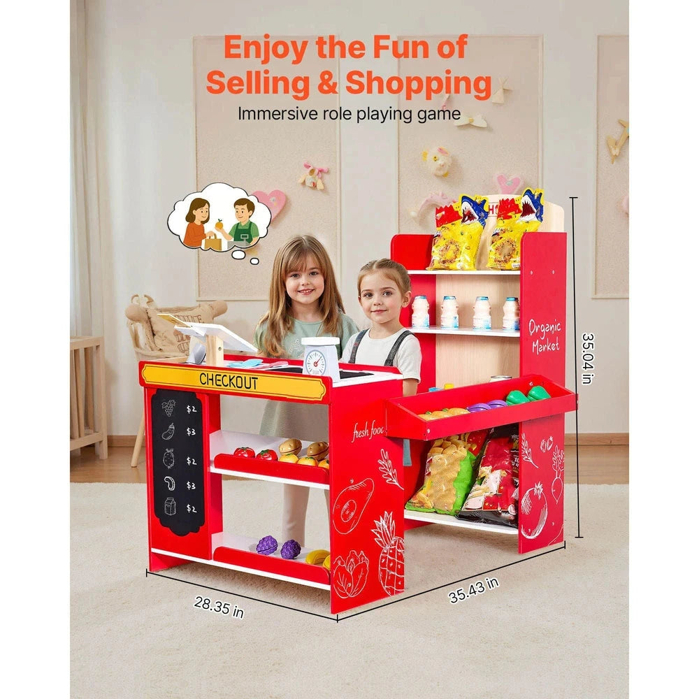 Wooden Kids Grocery Playset – Pretend Market Stand with Play Food