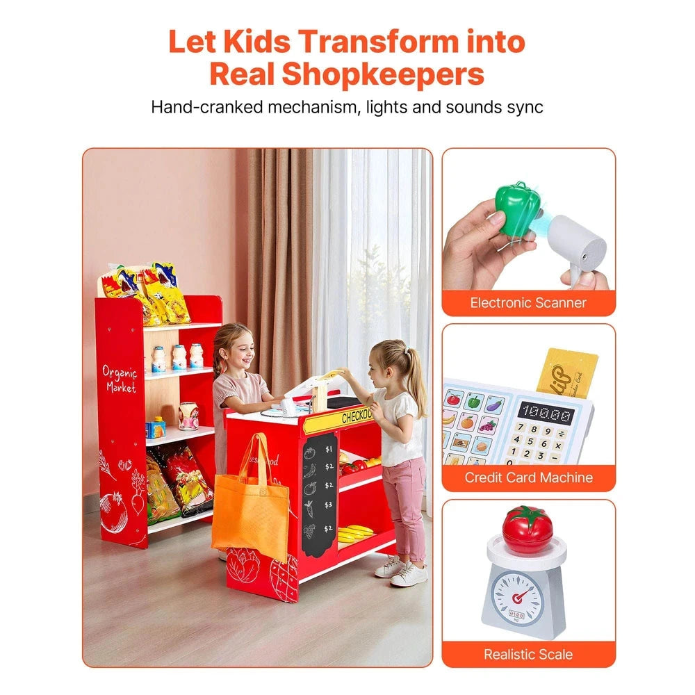 Wooden Kids Grocery Playset – Pretend Market Stand with Play Food