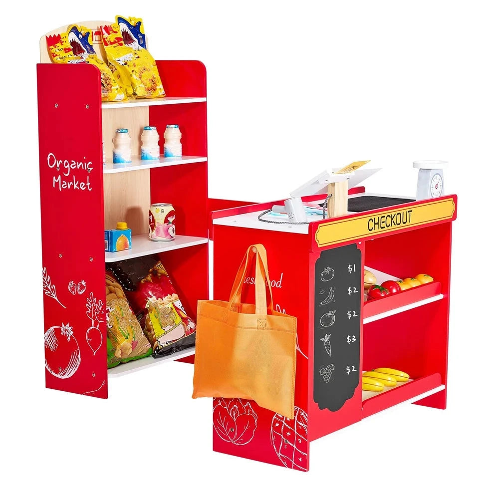 Wooden Kids Grocery Playset – Pretend Market Stand with Play Food