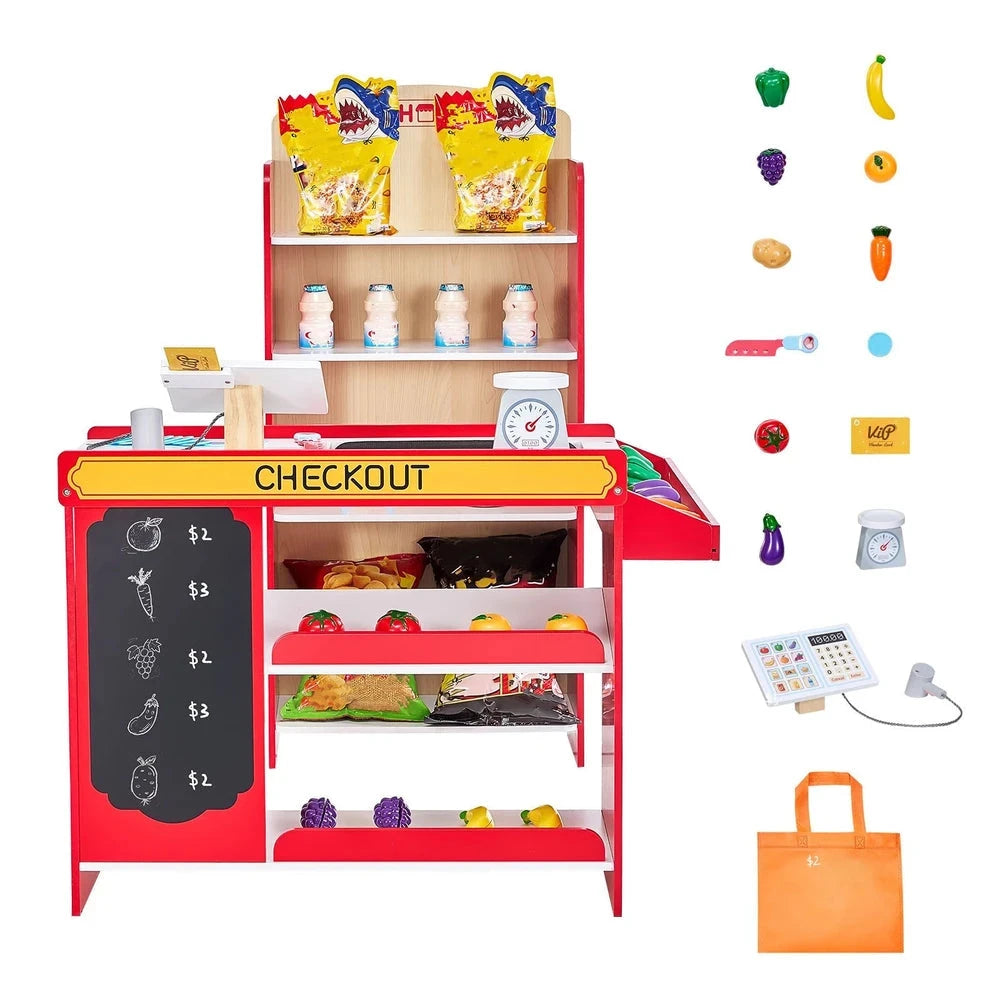 Wooden Kids Grocery Playset – Pretend Market Stand with Play Food