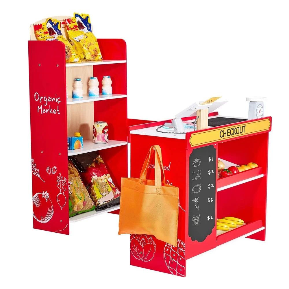 Wooden Kids Grocery Playset – Pretend Market Stand with Play Food