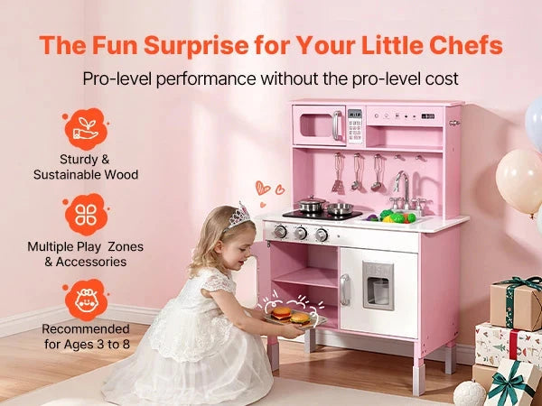Wooden Play Kitchen – Pretend Kitchen with Clicking Knobs, Lights & Sounds (Pink)