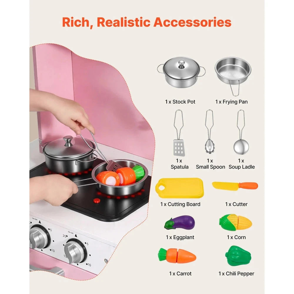 Wooden Play Kitchen – Pretend Kitchen with Clicking Knobs, Lights & Sounds (Pink)