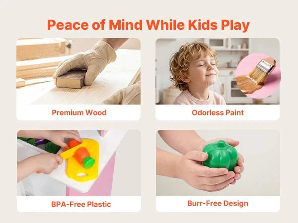Wooden Play Kitchen – Pretend Kitchen with Clicking Knobs, Lights & Sounds (Pink)