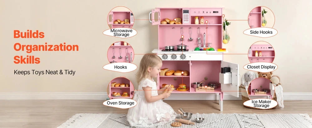 Wooden Play Kitchen – Pretend Kitchen with Clicking Knobs, Lights & Sounds (Pink)