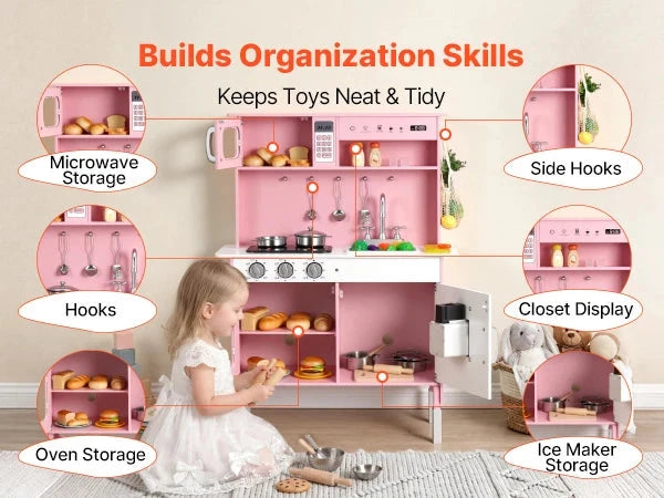 Wooden Play Kitchen – Pretend Kitchen with Clicking Knobs, Lights & Sounds (Pink)