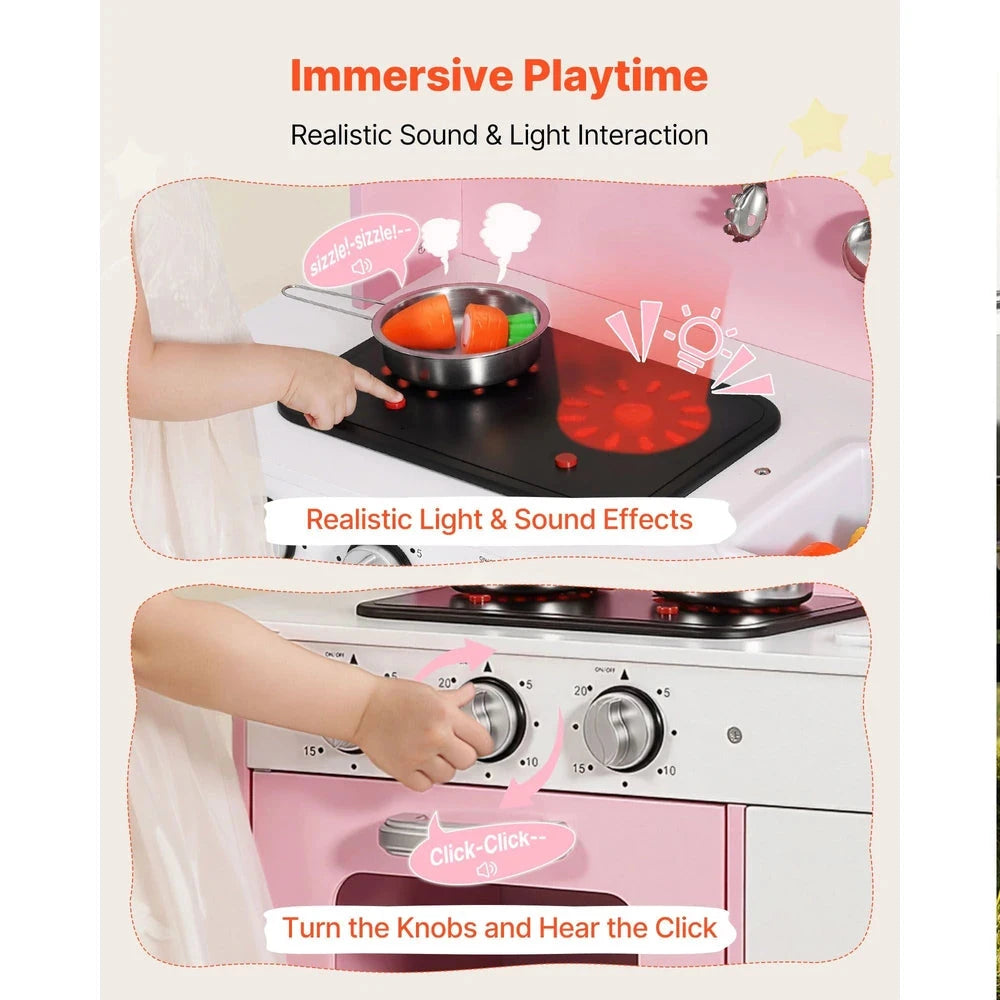 Wooden Play Kitchen – Pretend Kitchen with Clicking Knobs, Lights & Sounds (Pink)