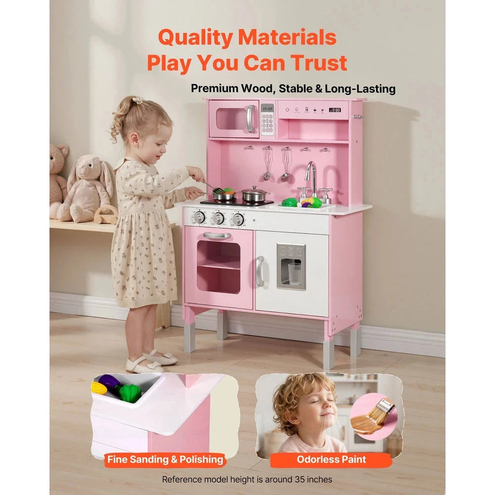 Wooden Play Kitchen – Pretend Kitchen with Clicking Knobs, Lights & Sounds (Pink)