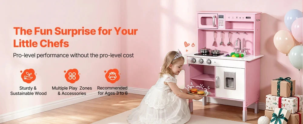Wooden Play Kitchen – Pretend Kitchen with Clicking Knobs, Lights & Sounds (Pink)