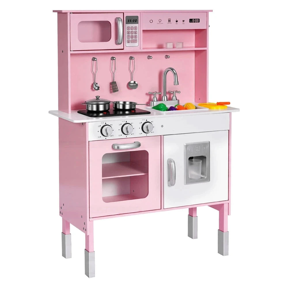 Wooden Play Kitchen – Pretend Kitchen with Clicking Knobs, Lights & Sounds (Pink)