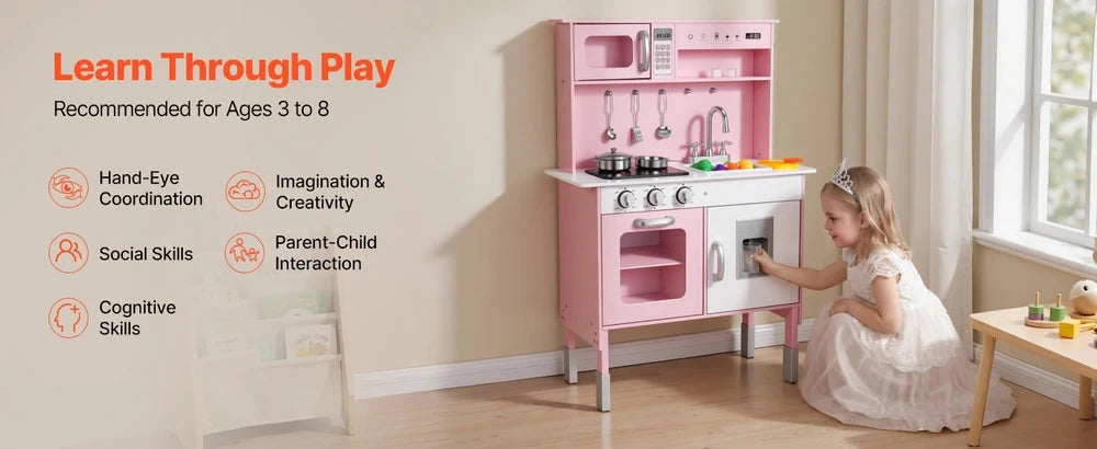 Wooden Play Kitchen – Pretend Kitchen with Clicking Knobs, Lights & Sounds (Pink)