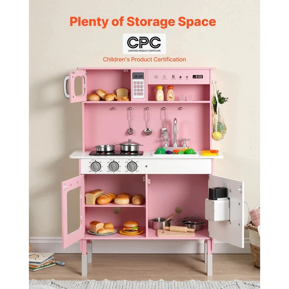 Wooden Play Kitchen – Pretend Kitchen with Clicking Knobs, Lights & Sounds (Pink)
