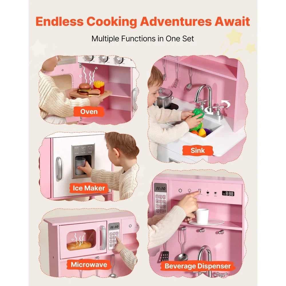 Wooden Play Kitchen – Pretend Kitchen with Clicking Knobs, Lights & Sounds (Pink)