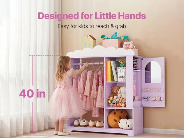 Kids Costume Storage Armoire – Dress-Up Wardrobe with Mirror & Shelves